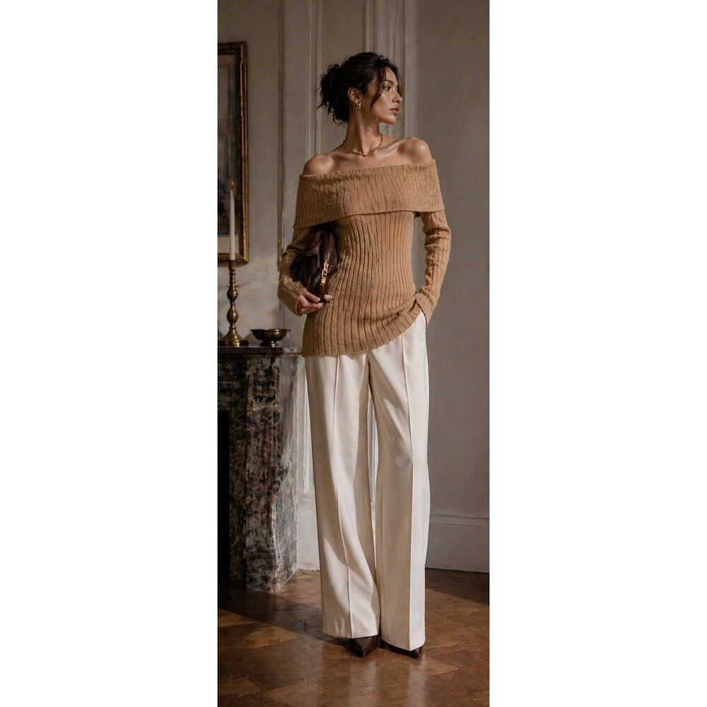 St John Collection Off Shoulder Ribbed Knit Sweater Camel 6 Wool Blend Y2K  2004